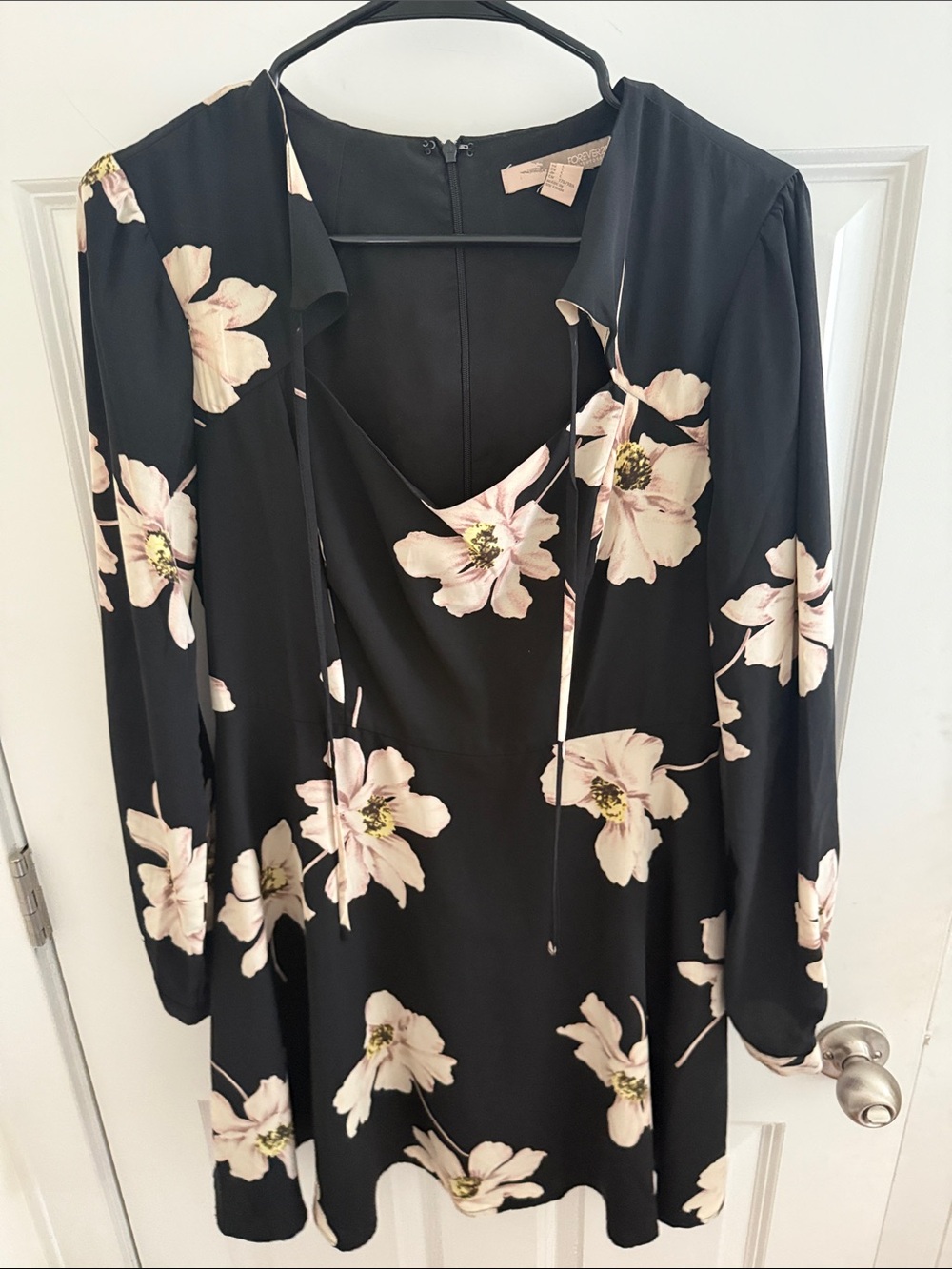 Black Floral Long Sleeve Mini Dress with Pale Pink Flowers